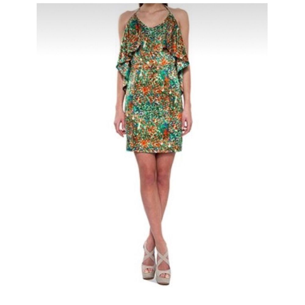 NV Nick Verreos halter neckline draped ruffle overlays  printed dress Size 14